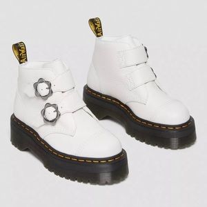 DR. MARTENS DEVON FLOWER BUCKLE LEATHER PLATFORM BOOTS WHITE